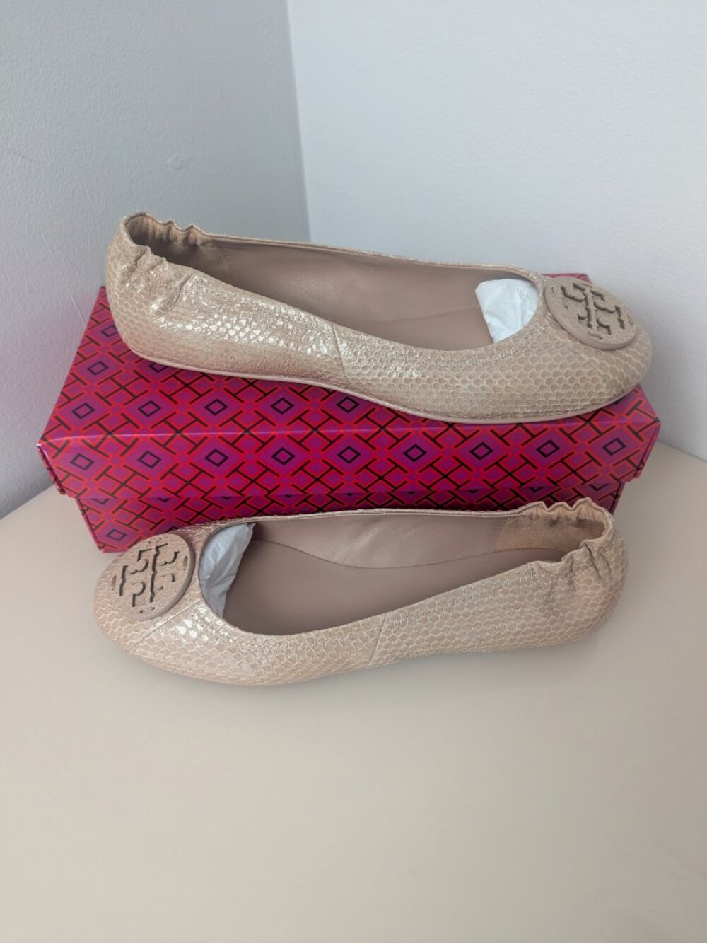 Tory Burch $228 Minnie Travel Ballet Flats Snake Embossed MANY SIZES Meadowsweet